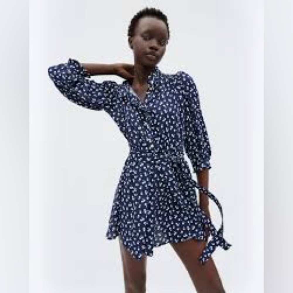 Goop Navy Blue Cherry Polka Dot Tie-Waist Dress